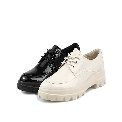 Teenmix/天美意2020春新款商场同款黑色厚底锯齿系带漆皮牛皮革女皮鞋CKG22AM0