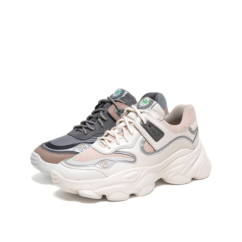 Teenmix/天美意2020春新款商场同款米白/粉红韩版绑带拼色猪皮革女旅游老爹鞋CQ521AM0