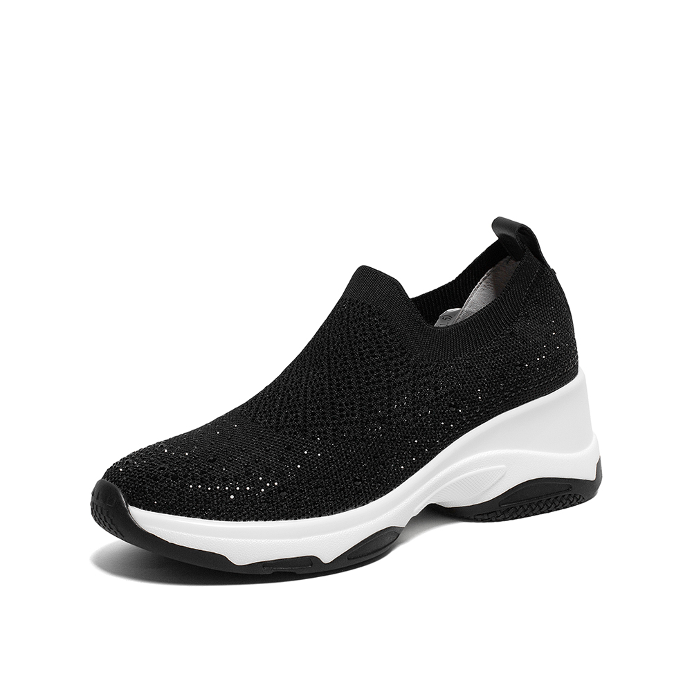 Teenmix/天美意2020春新款商场同款黑色休闲钻饰套脚牛皮革女旅游鞋AW211AM0