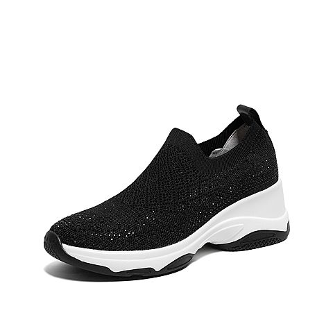 Teenmix/天美意2020春新款商场同款黑色休闲钻饰套脚牛皮革女旅游鞋AW211AM0