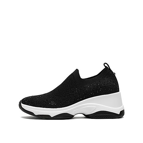 Teenmix/天美意2020春新款商场同款黑色休闲钻饰套脚牛皮革女旅游鞋AW211AM0