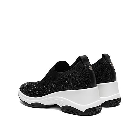 Teenmix/天美意2020春新款商场同款黑色休闲钻饰套脚牛皮革女旅游鞋AW211AM0