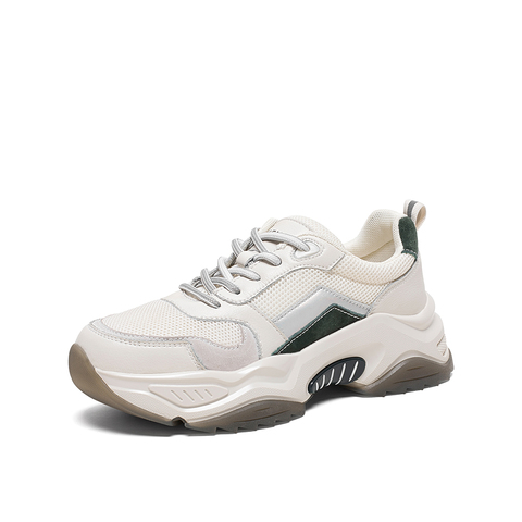 Teenmix/天美意2020春新款米色简约休闲系带老爹鞋纺织品/牛皮革/猪皮革女旅游鞋YZ001AM0