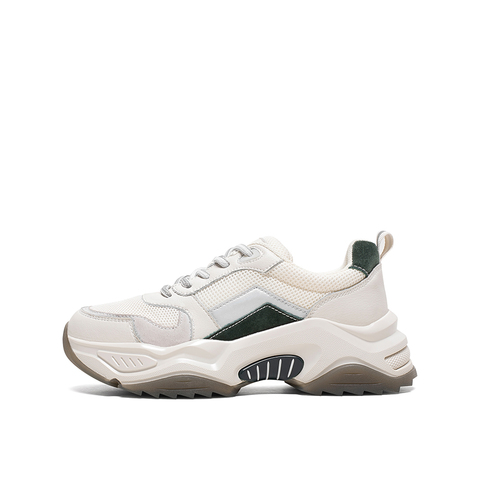 Teenmix/天美意2020春新款米色简约休闲系带老爹鞋纺织品/牛皮革/猪皮革女旅游鞋YZ001AM0