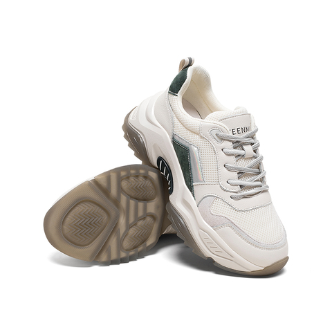 Teenmix/天美意2020春新款米色简约休闲系带老爹鞋纺织品/牛皮革/猪皮革女旅游鞋YZ001AM0