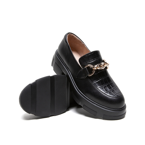 Teenmix/天美意2020春新款英伦风厚底乐福鞋牛皮革女休闲皮鞋单鞋88577AM0