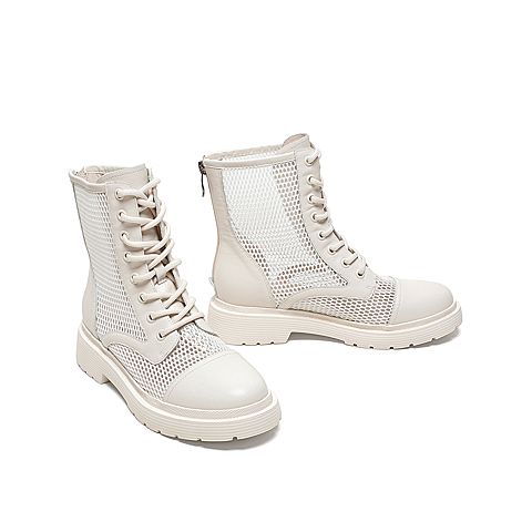 Teenmix/天美意2020春新款商场同款潮酷网格系带纺织品/牛皮革女皮靴短靴AW861AD0