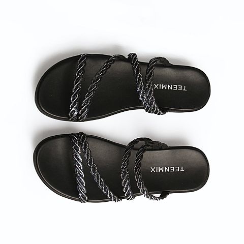 Teenmix/天美意2020夏新款商场同款时尚休闲外穿坡跟钻条女凉拖鞋6Z942BT0
