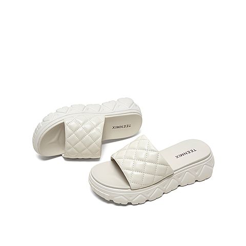 Teenmix/天美意2020夏新款纯色菱格外穿一字拖鞋羊皮革女凉鞋SZT05BT0