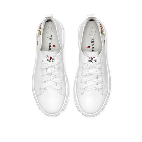 Teenmix/天美意2021春新款商场同款刺绣花卉小白鞋牛皮革女休闲板鞋CZH22AM1