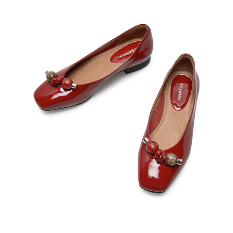 Teenmix/天美意2021春新款商场同款漆皮几何装饰文艺浅口女单鞋CXE07AQ1