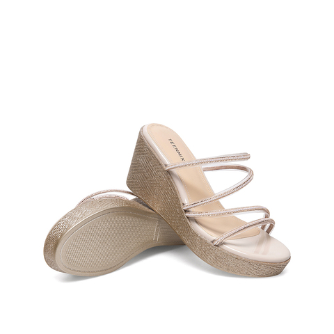 Teenmix/天美意2021夏新款商场同款坡跟防水台钻饰女凉拖鞋CXN01BT1