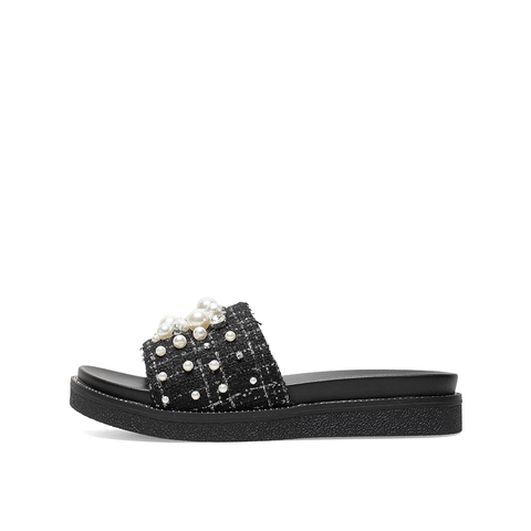 Teenmix/天美意2021夏新款商场同款小香风气质珍珠平跟外穿女拖鞋AZ761BT1