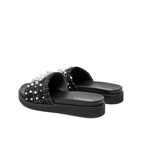 Teenmix/天美意2021夏新款商场同款小香风气质珍珠平跟外穿女拖鞋AZ761BT1