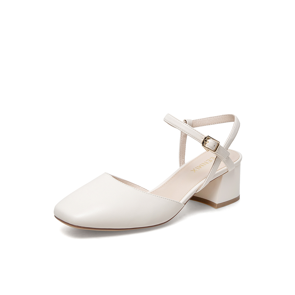 Teenmix/天美意2021夏新款包头粗跟优雅简约女皮凉鞋1HKL0BH1