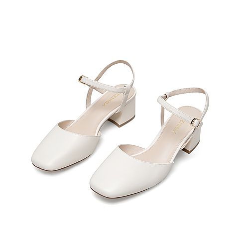 Teenmix/天美意2021夏新款包头粗跟优雅简约女皮凉鞋1HKL0BH1