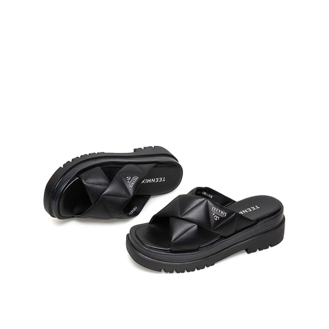 Teenmix/天美意2021夏新款商场同款简约交叉条带厚底休闲女凉拖鞋CXP02BT1