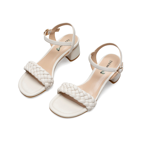 Teenmix/天美意2021夏新款麻花编织一字带粗跟休闲女凉鞋CXZ05BL1