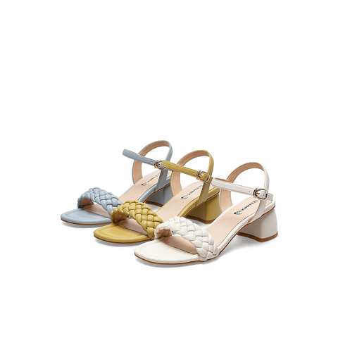 Teenmix/天美意2021夏新款麻花编织一字带粗跟休闲女凉鞋CXZ05BL1