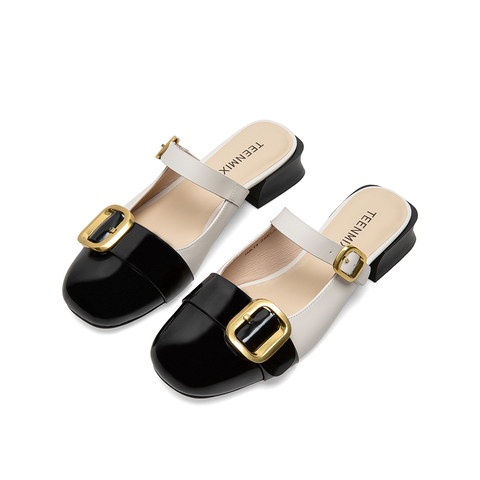 Teenmix/天美意2021夏新款气质小香风玛丽珍后空牛皮革女凉拖鞋1MLT4BH1