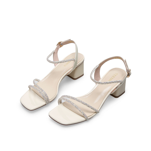 Teenmix/天美意2021夏新款钻饰一字带仙女牛皮革女皮凉鞋1LX05BL1