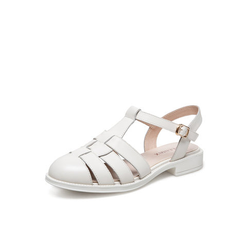 Teenmix/天美意2021夏新款复古包头罗马鞋编织后空牛皮革女凉鞋1LMX1BL1