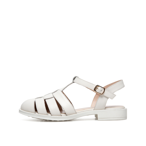 Teenmix/天美意2021夏新款复古包头罗马鞋编织后空牛皮革女凉鞋1LMX1BL1