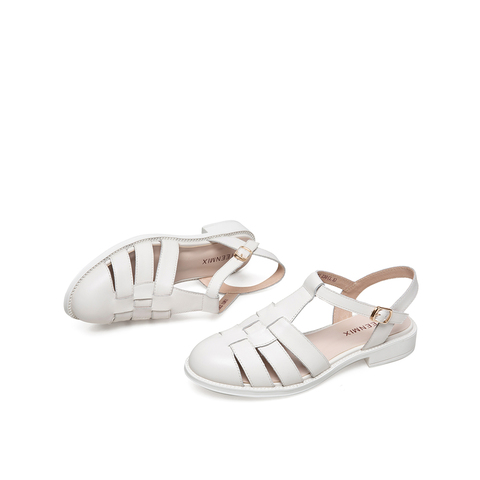 Teenmix/天美意2021夏新款复古包头罗马鞋编织后空牛皮革女凉鞋1LMX1BL1