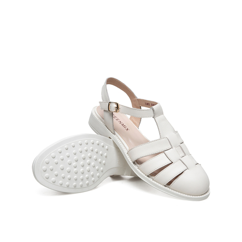 Teenmix/天美意2021夏新款复古包头罗马鞋编织后空牛皮革女凉鞋1LMX1BL1