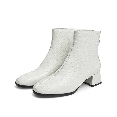 Teenmix/天美意2021冬新款商场同款压花时装靴粗高跟优雅女皮短靴CUY40DD1