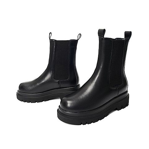 Teenmix/天美意2021冬新款百搭英伦显瘦切尔西靴女皮中靴1QEX4DD1