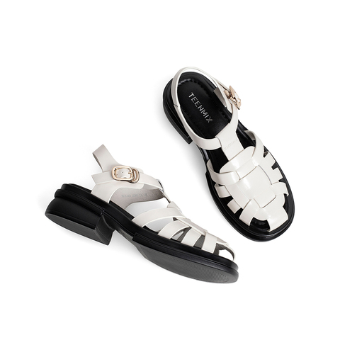 Teenmix/天美意2022夏新款优雅罗马风复古镂空编织女凉鞋NLL03BE2