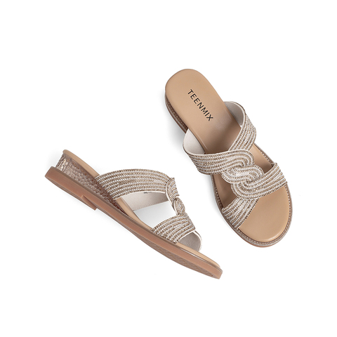 Teenmix/天美意2022夏新款闪钻缠绕交叉闪钻时尚低跟女拖鞋NLT03BT2