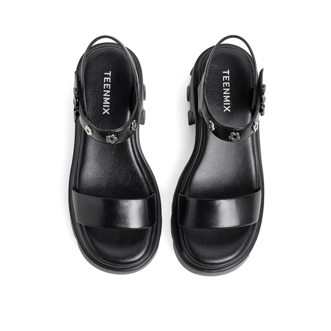 Teenmix/天美意2022夏新款商场同款简约休闲百搭厚底粗跟一字带高跟女皮凉鞋CK704BL2