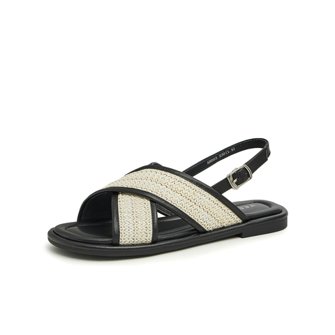 天美意2023夏新款法式交叉草编织面休闲百搭女凉鞋AN003BL3