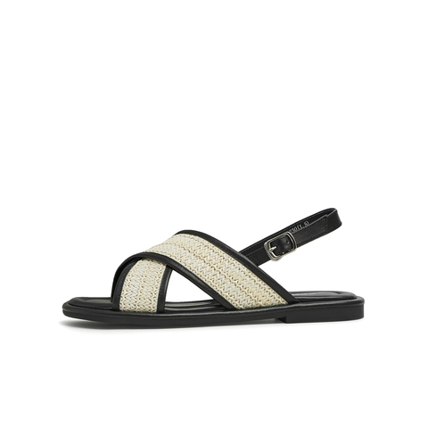 天美意2023夏新款法式交叉草编织面休闲百搭女凉鞋AN003BL3