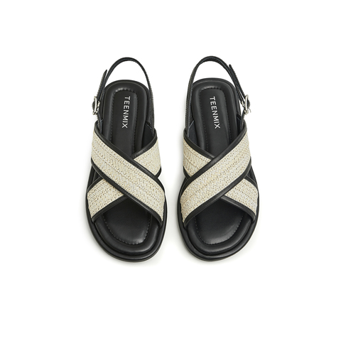 天美意2023夏新款法式交叉草编织面休闲百搭女凉鞋AN003BL3