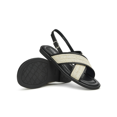 天美意2023夏新款法式交叉草编织面休闲百搭女凉鞋AN003BL3