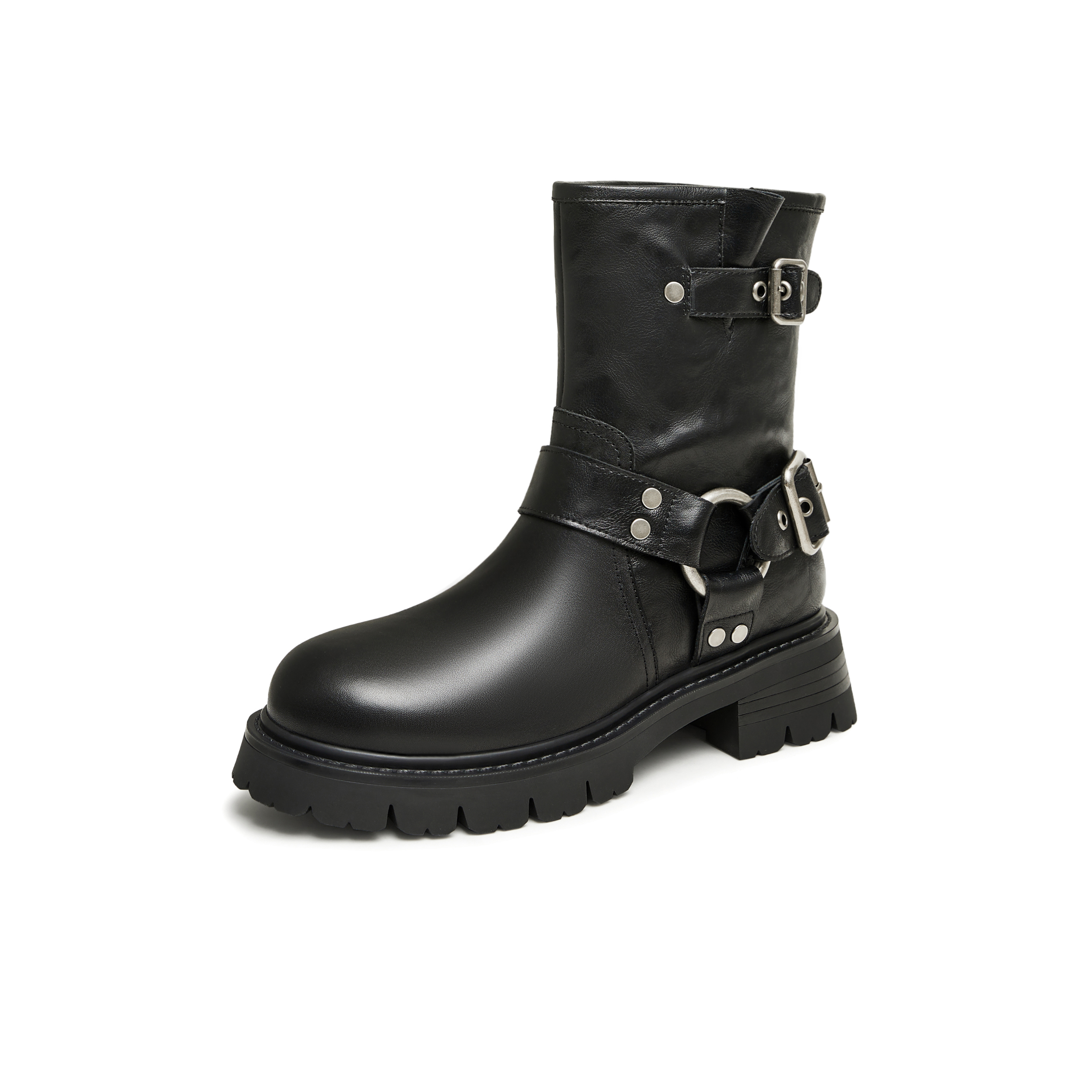 天美意2023冬新款潮酷机车风马丁靴简约时尚女中筒靴NQX25DZ3