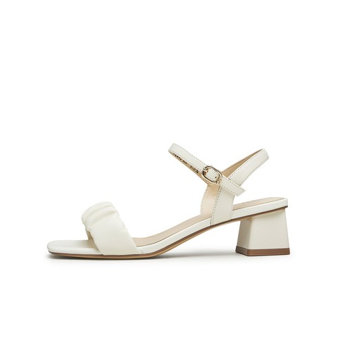 天美意2023夏新款商场同款粗高跟褶皱一字带简约风女凉鞋CQZ08BL3