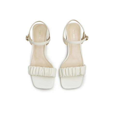 天美意2023夏新款商场同款粗高跟褶皱一字带简约风女凉鞋CQZ08BL3