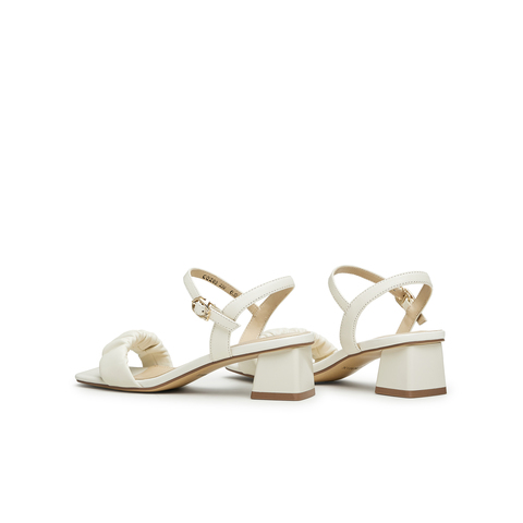 天美意2023夏新款商场同款粗高跟褶皱一字带简约风女凉鞋CQZ08BL3