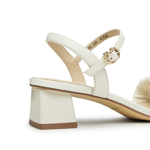 天美意2023夏新款商场同款粗高跟褶皱一字带简约风女凉鞋CQZ08BL3