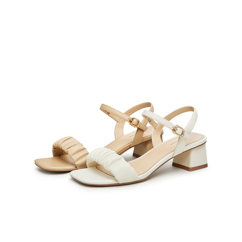 天美意2023夏新款商场同款粗高跟褶皱一字带简约风女凉鞋CQZ08BL3