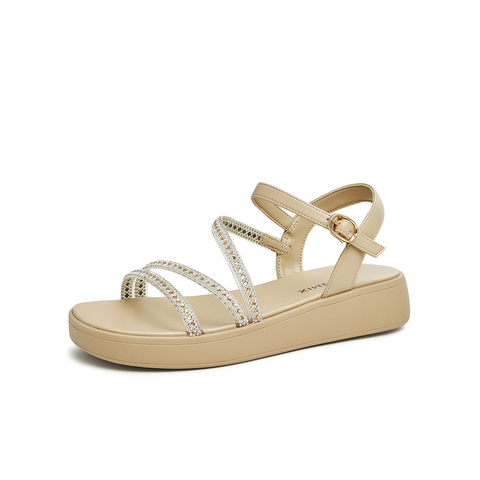 天美意2023夏新款商场同款条带时尚坡跟闪钻罗马女凉鞋CTF14BL3