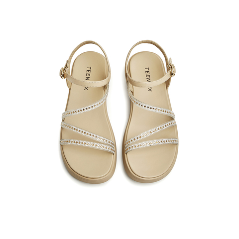 天美意2023夏新款商场同款条带时尚坡跟闪钻罗马女凉鞋CTF14BL3