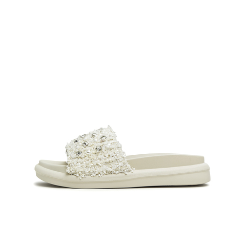 天美意2023夏新款小香风粗花呢布珍珠外穿休闲女凉拖鞋CTG12BT3