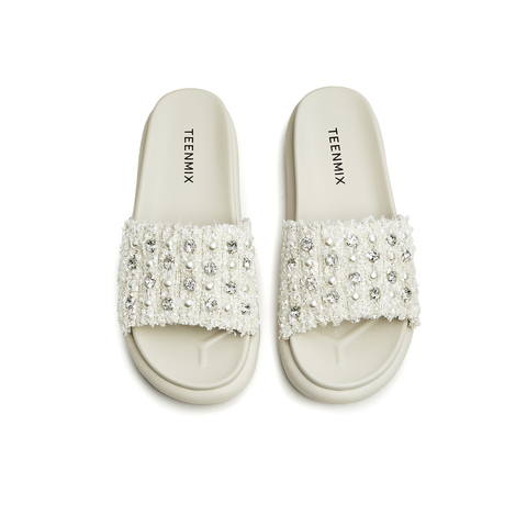 天美意2023夏新款小香风粗花呢布珍珠外穿休闲女凉拖鞋CTG12BT3