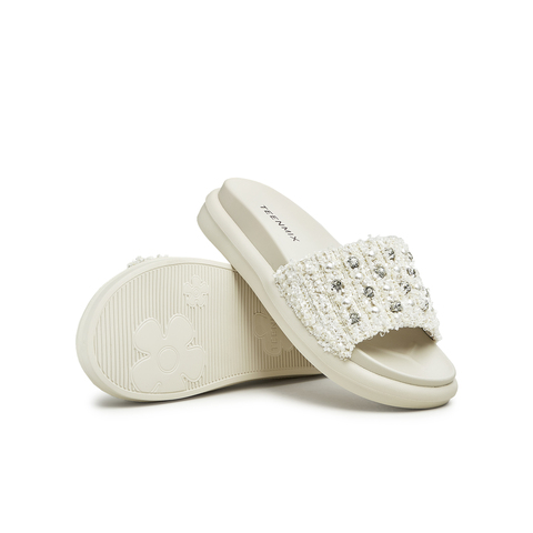 天美意2023夏新款小香风粗花呢布珍珠外穿休闲女凉拖鞋CTG12BT3