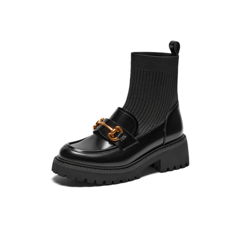 天美意2023冬新款商场同款粗跟百搭短靴弹力袜靴女靴COQ60DD3